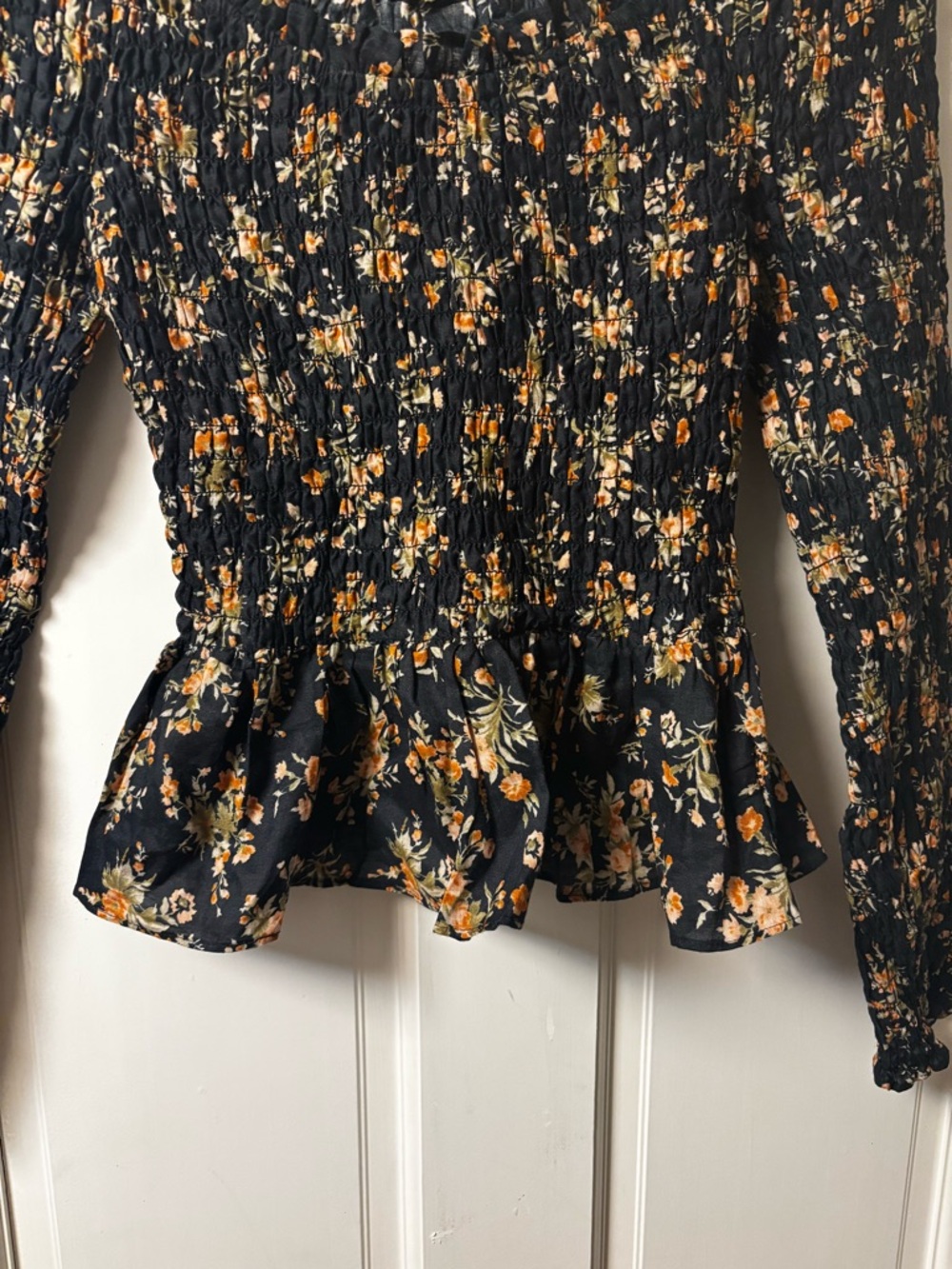 Doen Black Floral Smocked Peplum Blouse with Orange and Cream Flowers - Picture 2 of 6